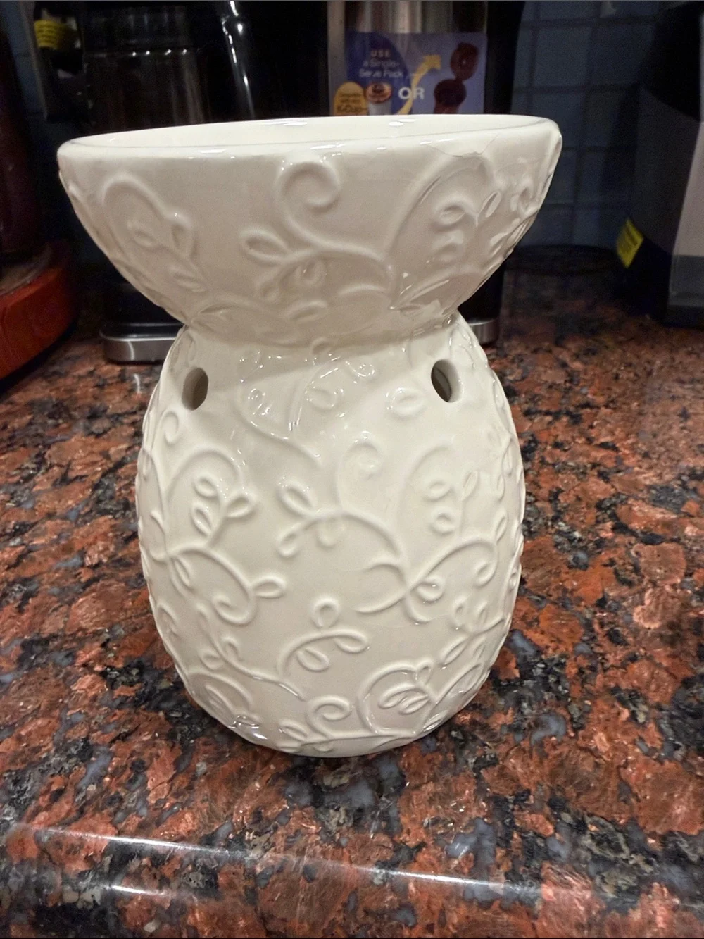Hallmark Ceramic Oil Warmer in Cream floral relief Orange Caramel & Vanilla